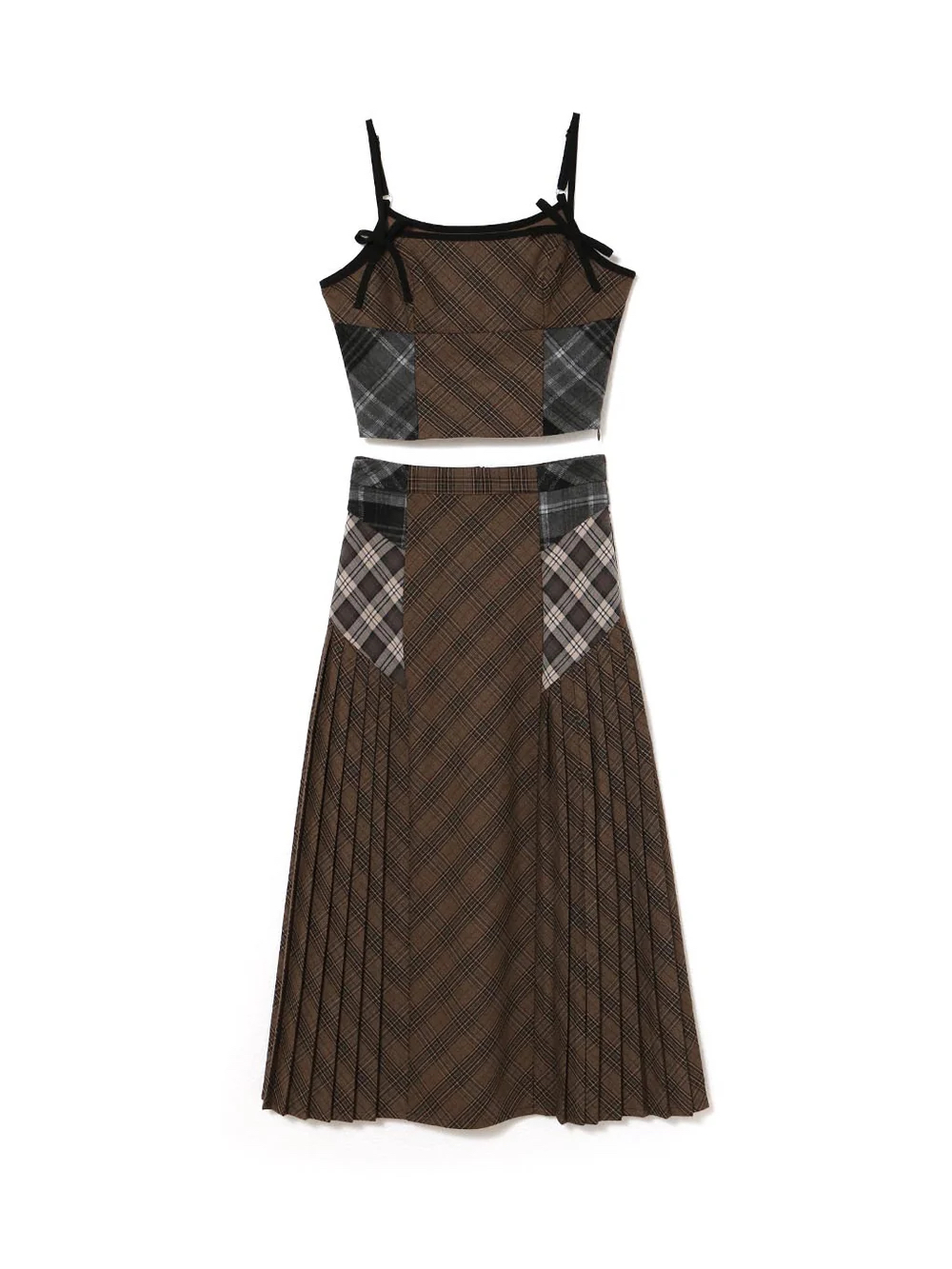Sweet Checkered Spaghetti Strap Patchwork Skirt Set for Women - Early Spring 2025 Fashion, Y2K Inspired