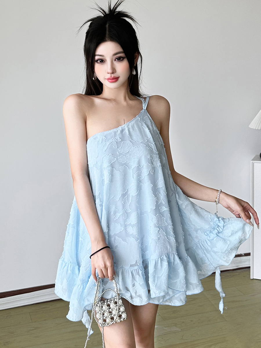 Textured Jacquard Asymmetrical Shoulder Strap Dress for Women – Loose Fit Puffed Short Skirt, Sweet Vacation Style, Trendy 90s Look