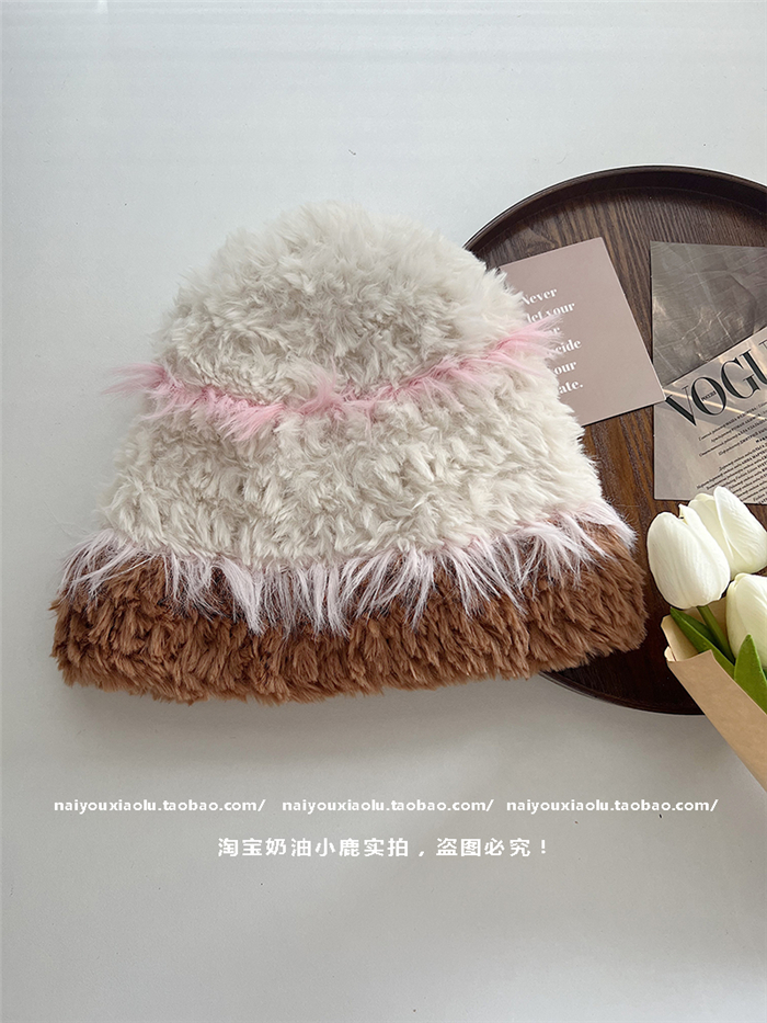 Thick Plush Knitted Hat for Women - Color Matching, Ear Protection, Small Face Effect, Perfect for Autumn and Winter Fashion