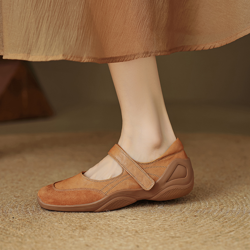 Thick-Soled Casual Velcro Mary Jane Shoes for Women - Genuine Leather Spring Autumn 2024 Flat High Heels