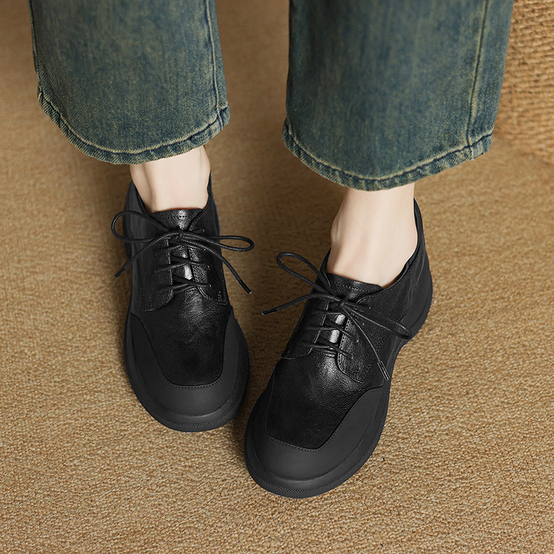 Thick-Soled Genuine Leather Lace-Up Loafers for Women - British Style Chunky Heel Height-Increasing Wedge Shoes