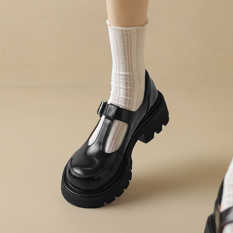 Thick-Soled Mary Jane Shoes for Women - Chunky Heel T-Strap Flats, Retro British Style, College Fashion, Versatile Leather Footwear