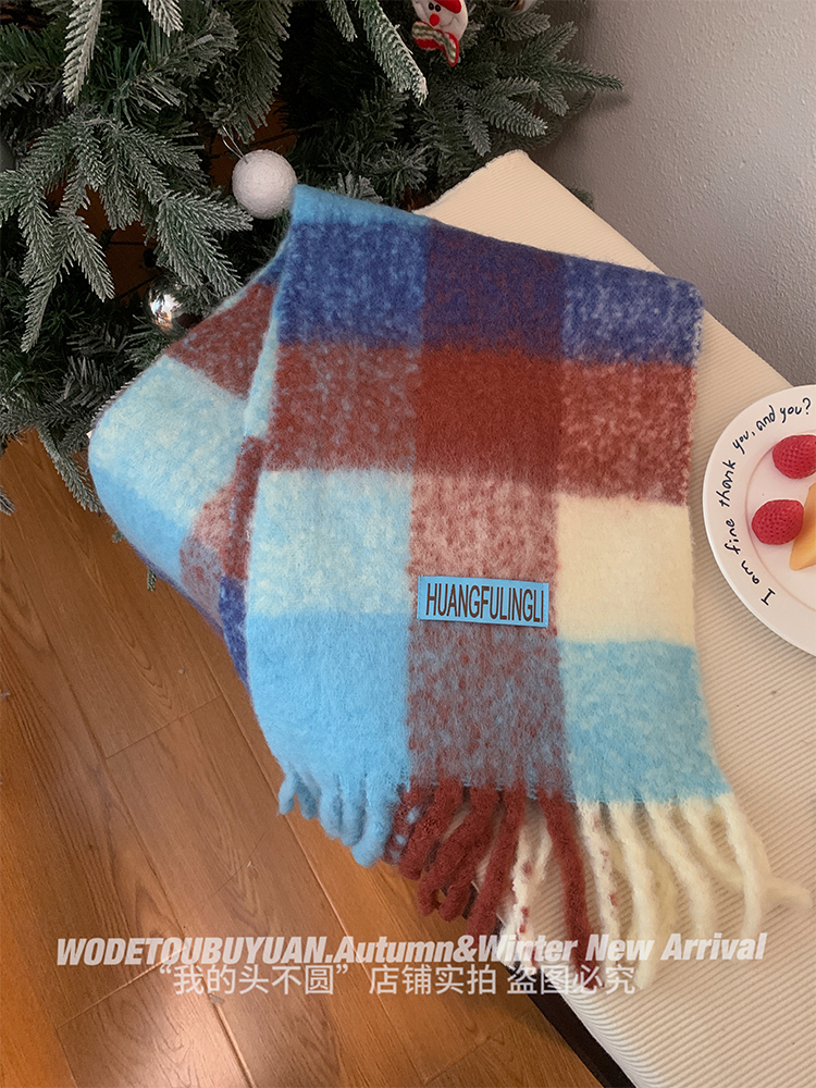 Thickened Blue and Pink Plaid Scarf for Autumn and Winter - Versatile Warm Neck Scarf for 2023 Fashion Trends