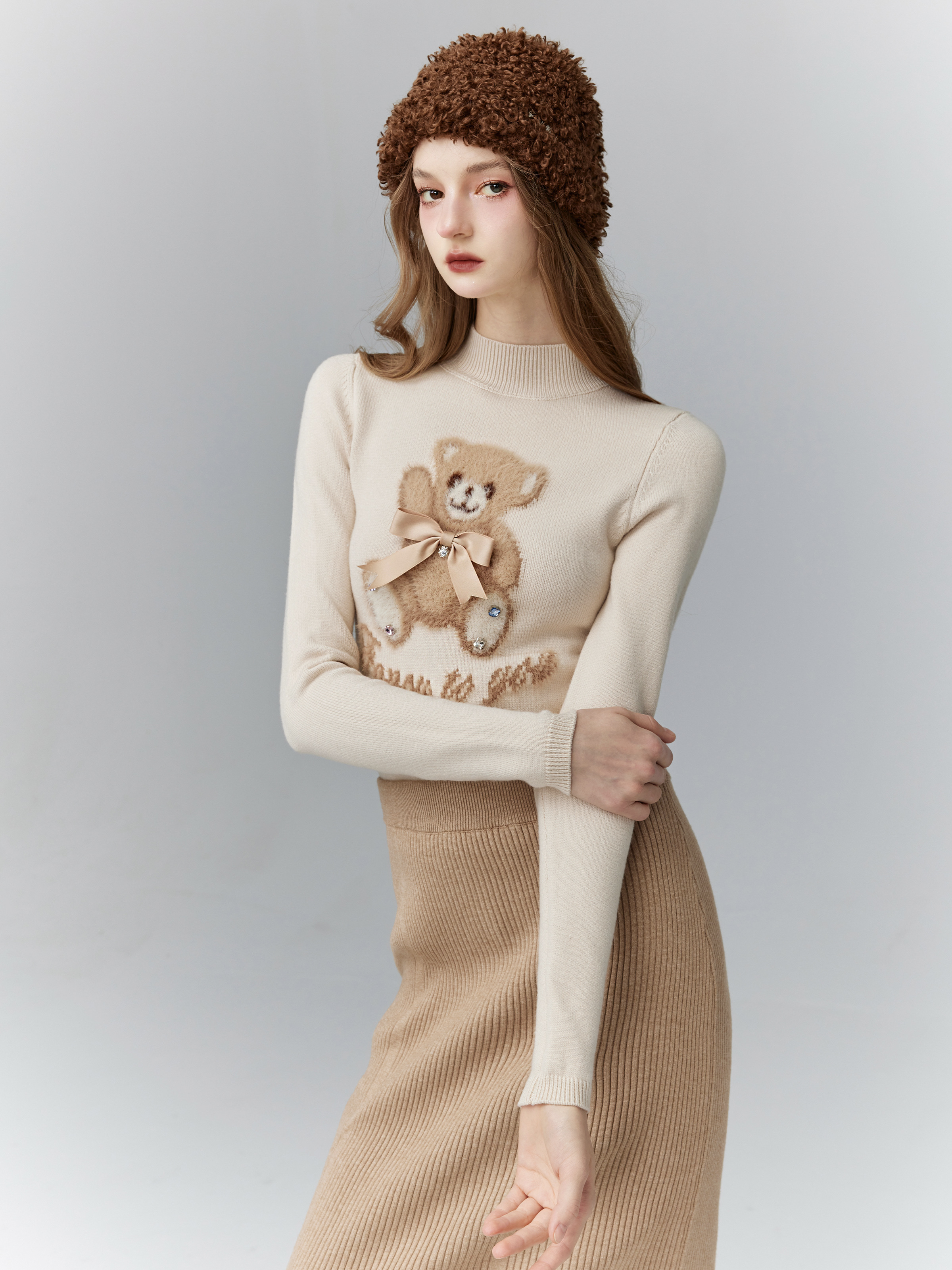 Toffee Hazelnut Knitted Little Bear Top - Spring Summer Girl's Base Shirt, Cute Casual Outfit for Kids, Perfect for 90s Y2K Style