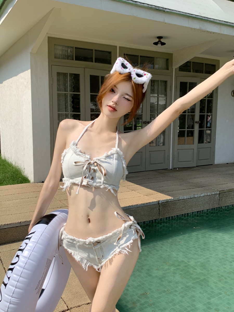 Trendy Slim-Fit Denim Two-Piece Bikini Swimsuit for Women - Sexy Instagram Style Vacation Swimwear