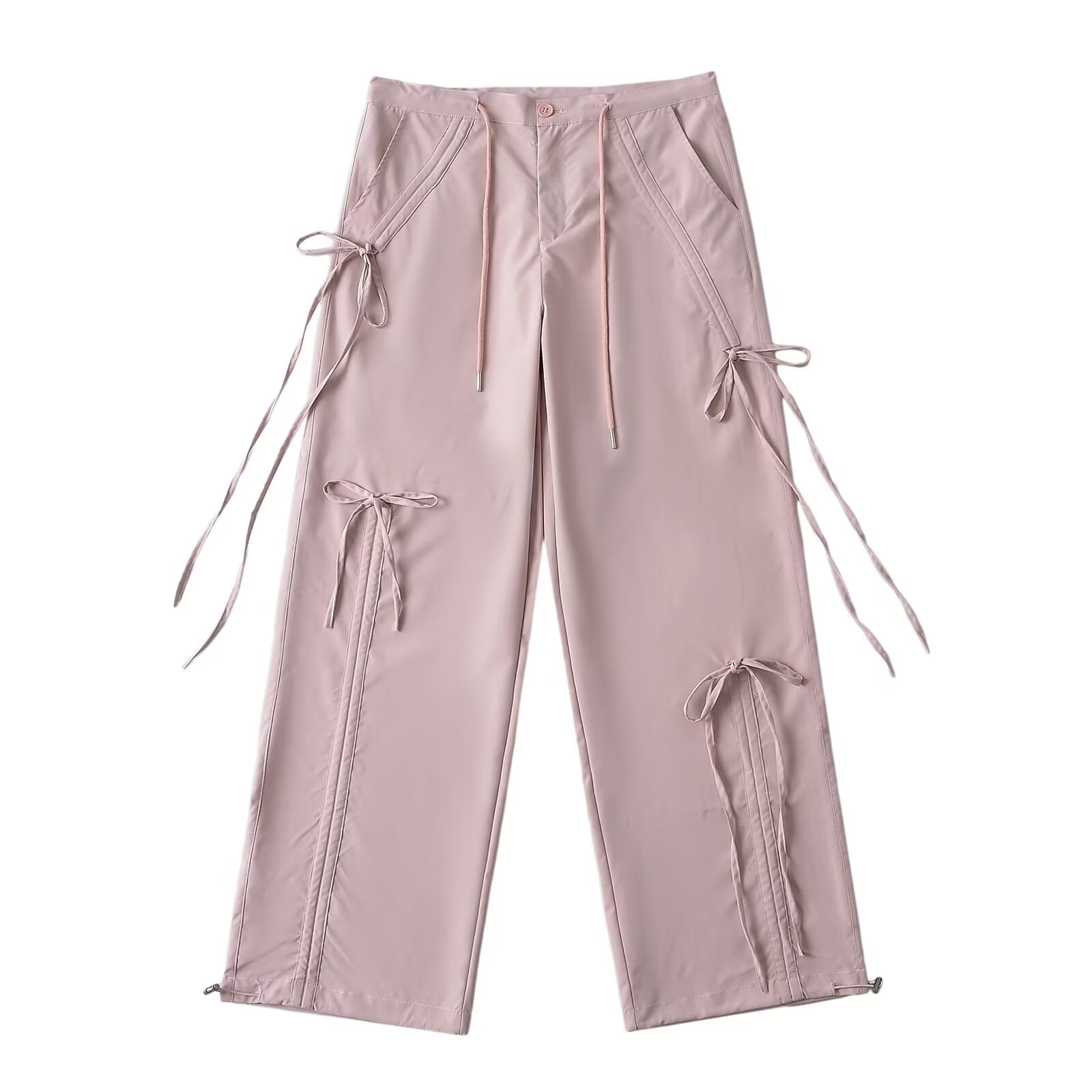 Trendy Wide-Leg Sports Pants for Women with Butterfly Knot Detail – Versatile Straight Leg American Design