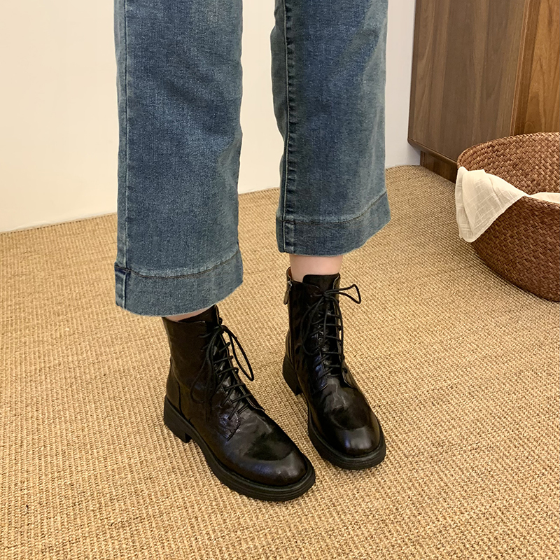 Trendy Women's Genuine Leather Flat Martin Boots with Cross Strap - British Style Short Boots for Spring and Autumn Fashion