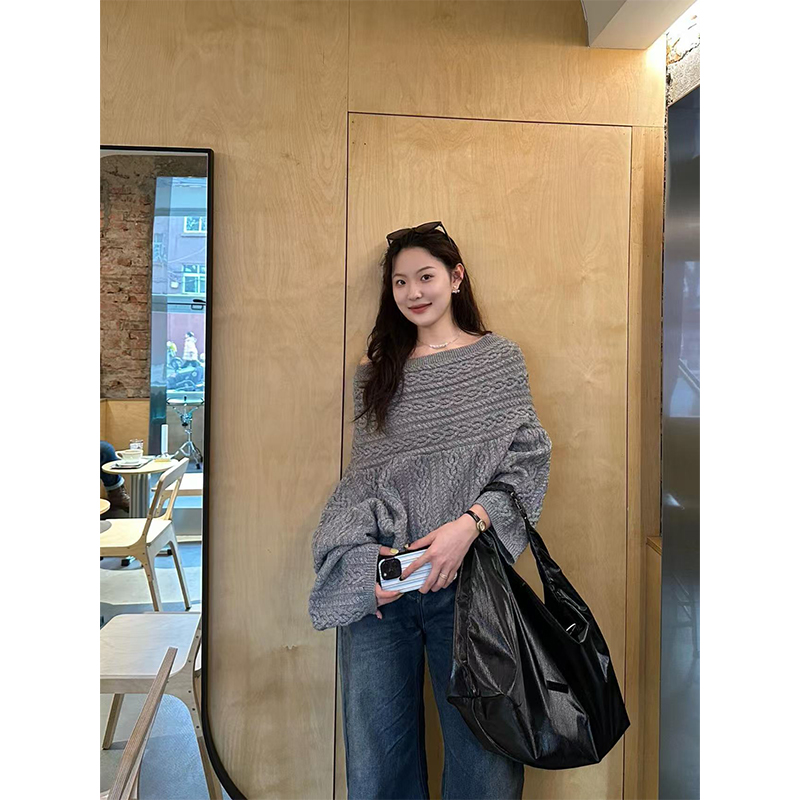 Twisted Knit Off-Shoulder Pullover Sweater - Spring Loose Fit Lazy Style Trendy Fashion for Women