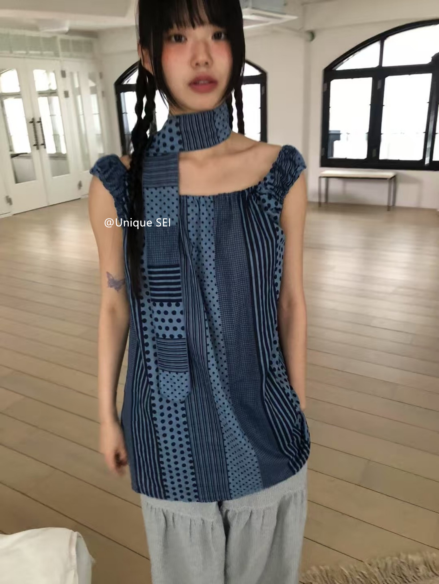 Unique Retro Vertical Stripe Check Polka Dot Patchwork Irregular Sleeveless Dress - Casual Versatile Y2K Style Fashion
