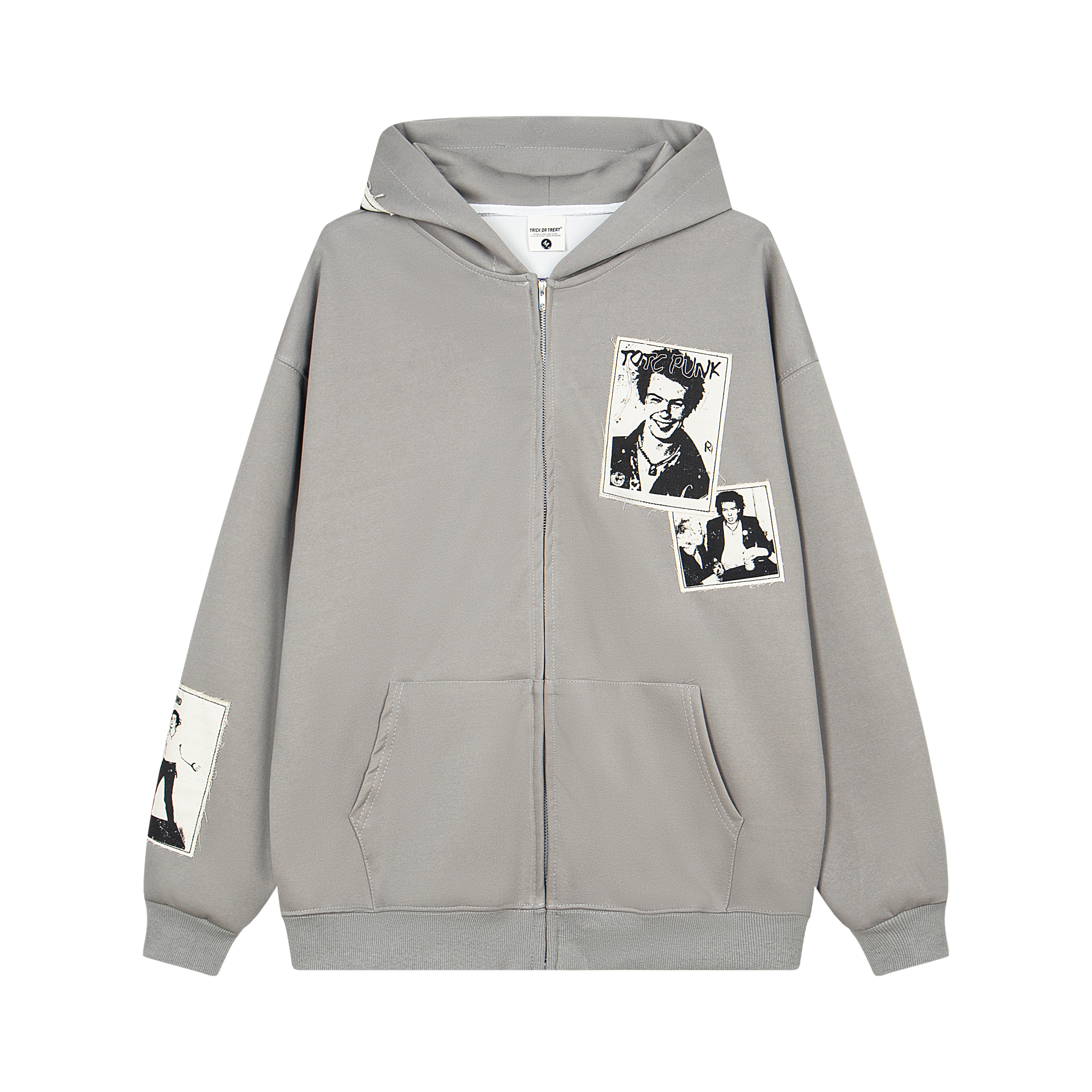 Unisex Loose Zip-Up Hoodie Cardigan with Amoeba Portrait Patch - American Street Style Niche Design