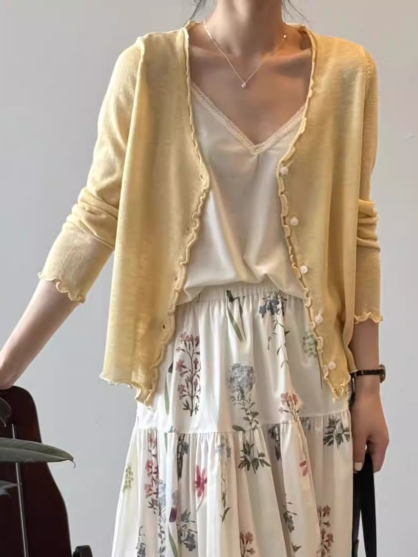 V-Neck Lace Trim Knitted Cardigan for Women - Thin Summer Jacket, Solid Color, Lightweight Sun Protection Outerwear for Air Conditioning