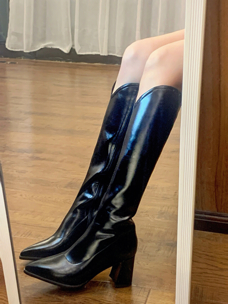 V-Shaped Long Tube Boots for Women - Autumn 2023, Side Zipper, Pointed Toe, High Chunky Heel, Patent Leather Riding Boots
