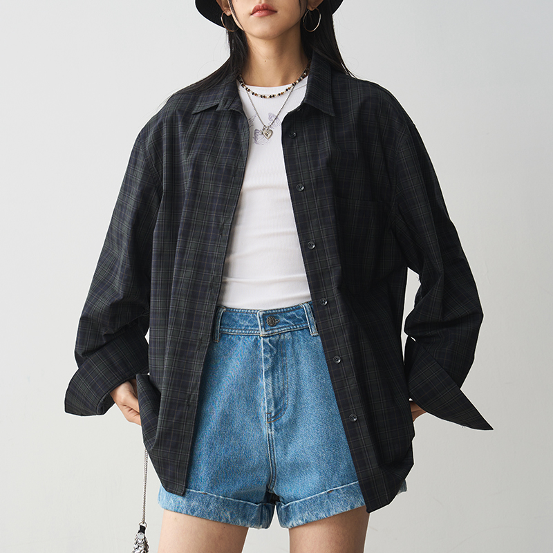 Versatile Loose Vintage Plaid Shirt for Women in Green Blue Check - Pure Cotton Long Sleeve Layering Jacket, Perfect for Y2K Style