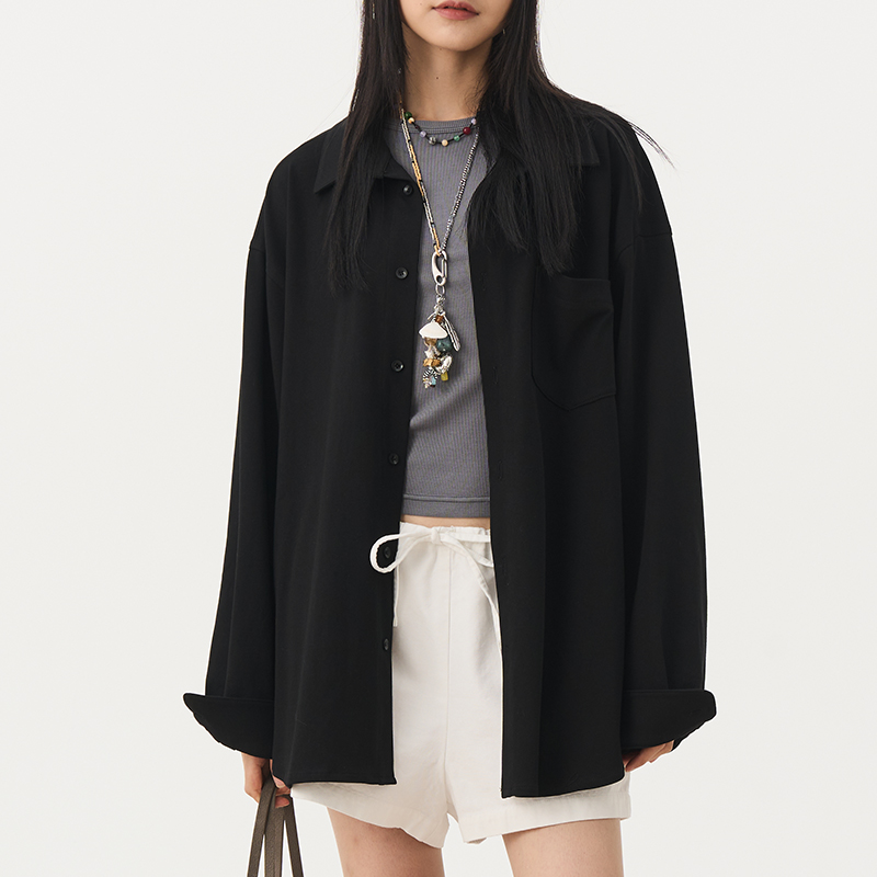 Versatile Oversized Black Knitted Cardigan Coat Shirt for Women - Elegant Long Sleeve Layered Style
