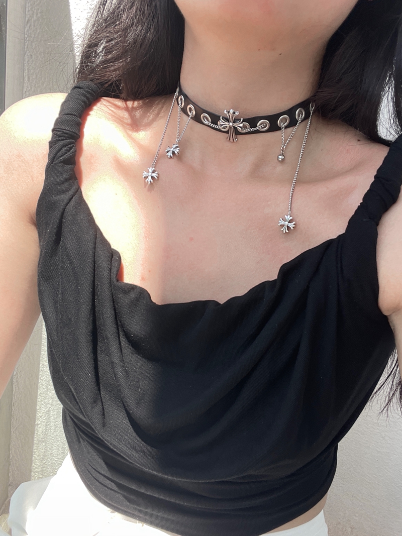 Vintage 90s Punk Black Leather Choker Necklace with Metal Accents - Subculture Heavy Industry Design