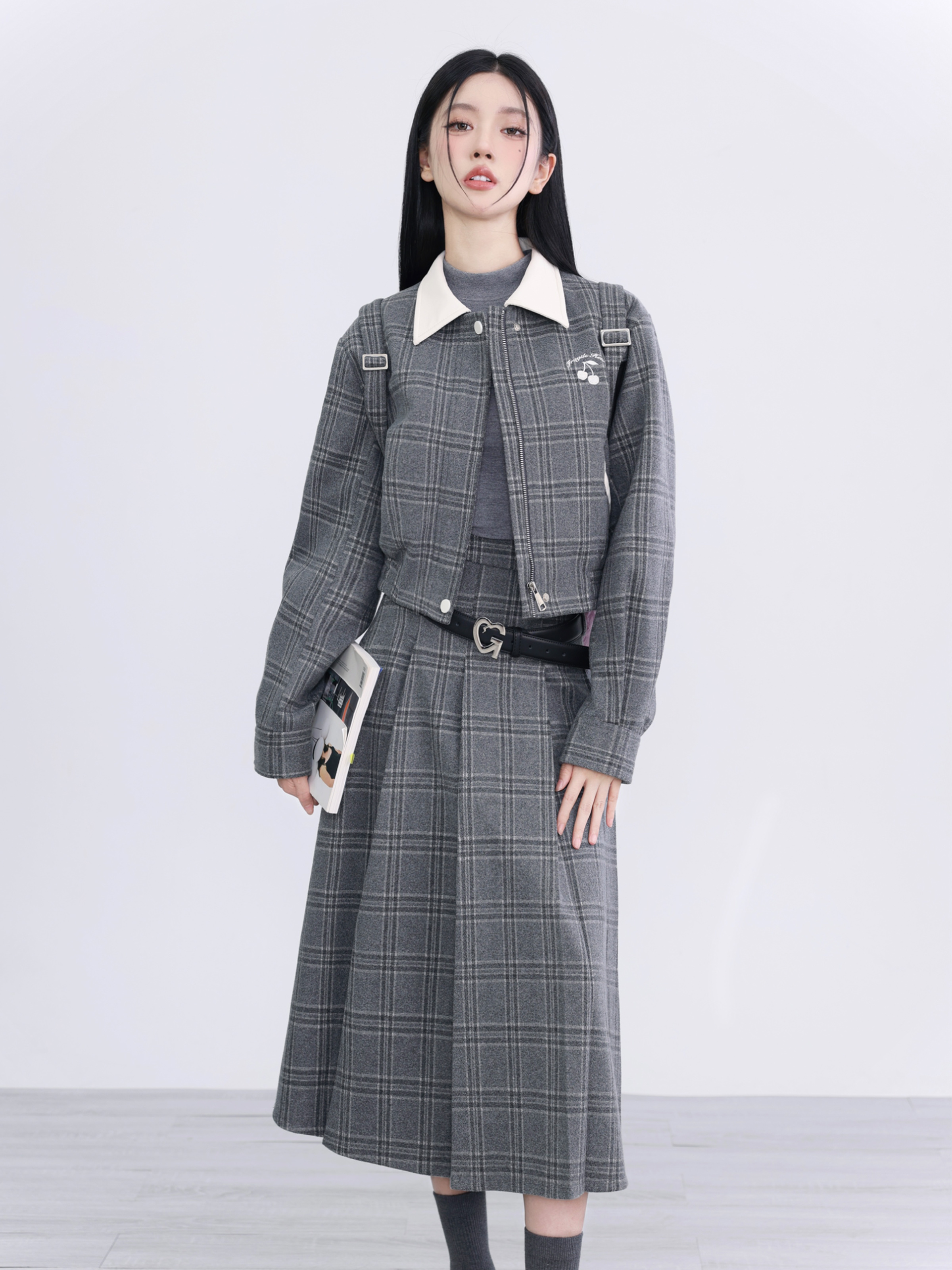 Vintage Academy Style Gray Plaid Quilted Jacket for Girls - Rich Girl's School Diary Inspired Fashion Outerwear