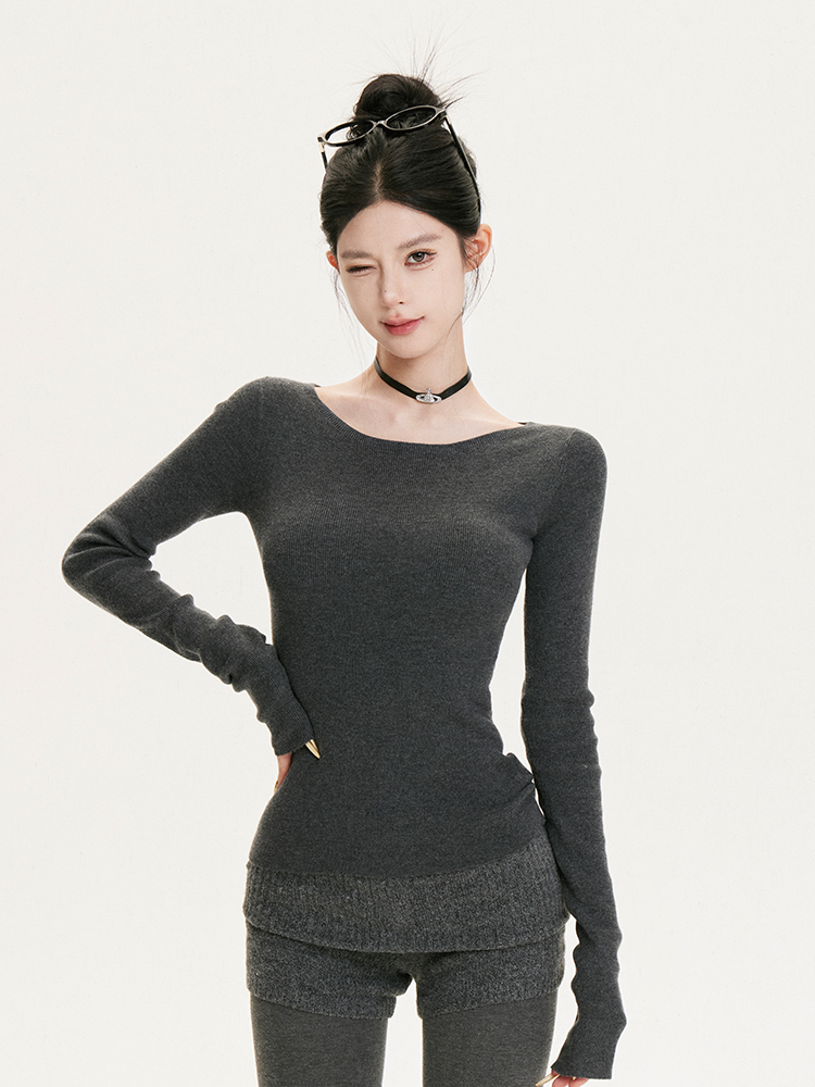 Vintage American-Style Slim-Fit Long Sleeve Knitted Top for Women - Autumn Winter Layering Essential