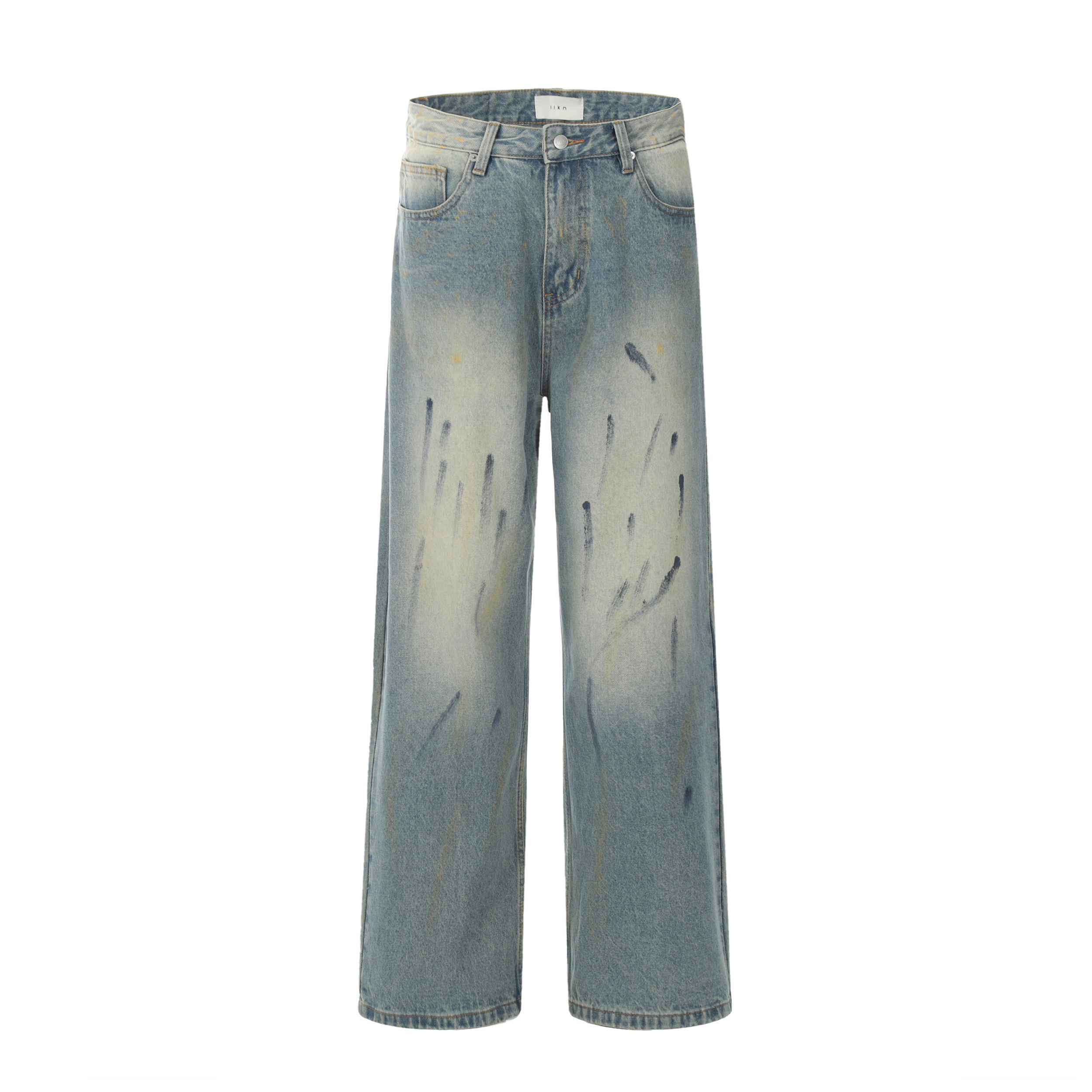 Vintage Blue Wide-Leg Jeans with Graffiti Spray Print - Retro High Street Style, Loose Fit, Floor-Length, Streetwear Fashion