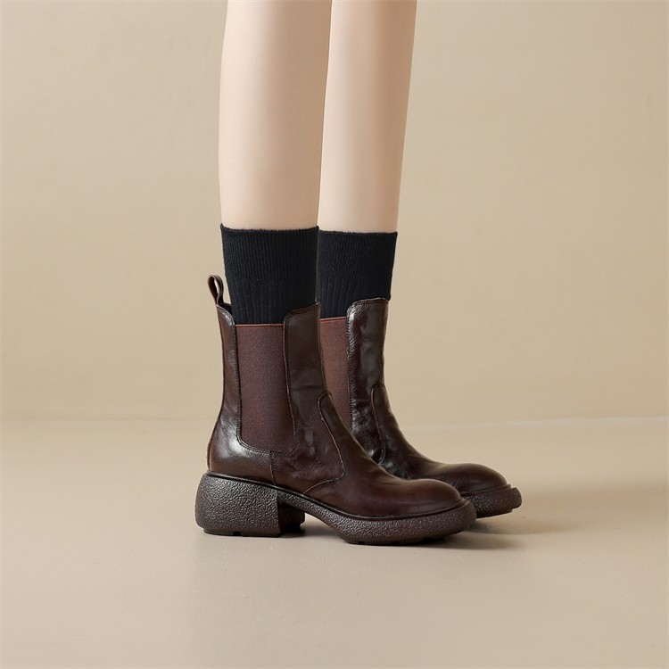 Vintage Brown Genuine Leather Chelsea Ankle Boots for Women - Soft Thick-Soled Round-Toe Elastic Short Boots, Versatile Style