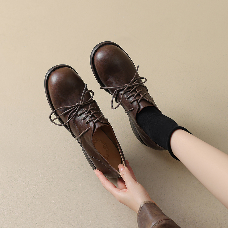 Vintage Distressed Horse Leather Round-Toe Lace-Up Low-Heeled Derby Shoes - Heavy-Duty Y2K Style Loafers for Timeless Elegance