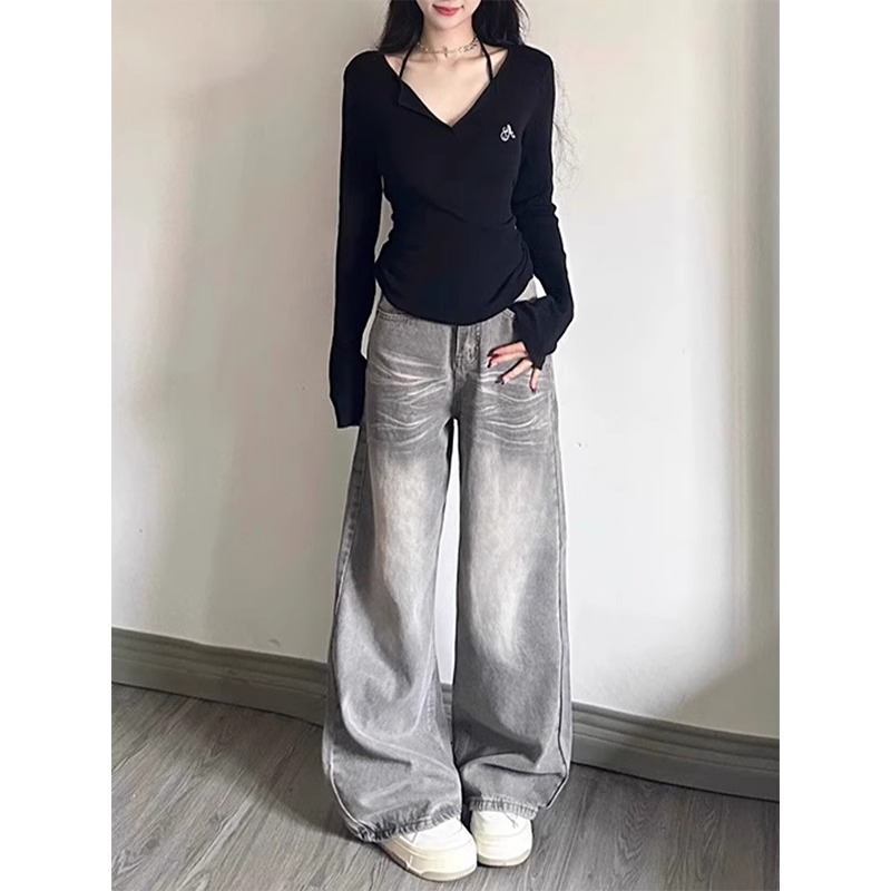Vintage Gray Wide-Leg Jeans for Women - Summer Washed Distressed Loose Straight Pants for Pear-Shaped Figures, Trendy 90s Style