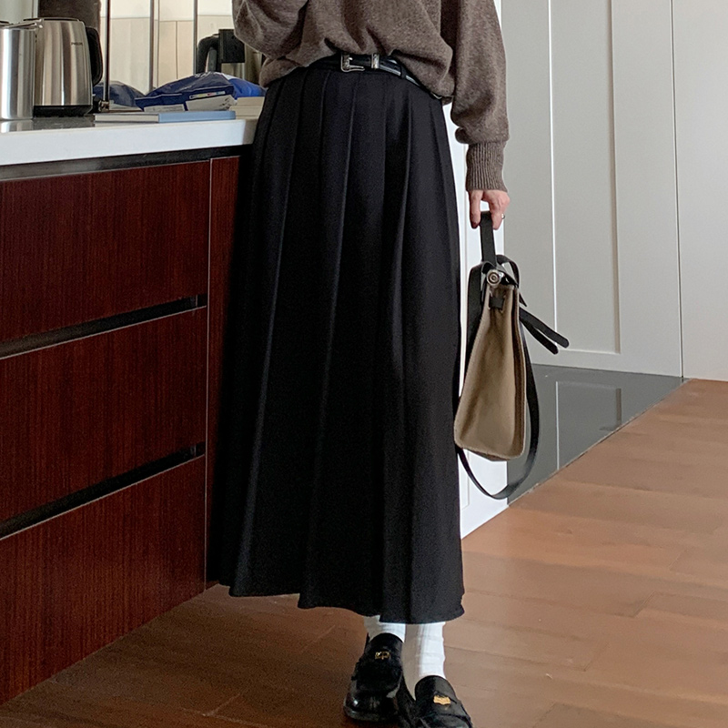 Vintage High-Waisted Pleated Midi Skirt for Women, A-Line Long Skirt, Autumn Winter 2022, Perfect for Pear-Shaped Figures, 90s Style