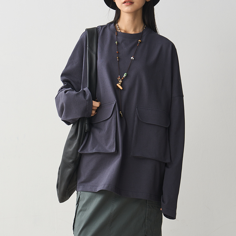 Vintage Niche Style Oversized Long Sleeve T-Shirt for Women with Large Pocket in Dark Blue Pure Cotton, Round Neck, Casual Fashion Top