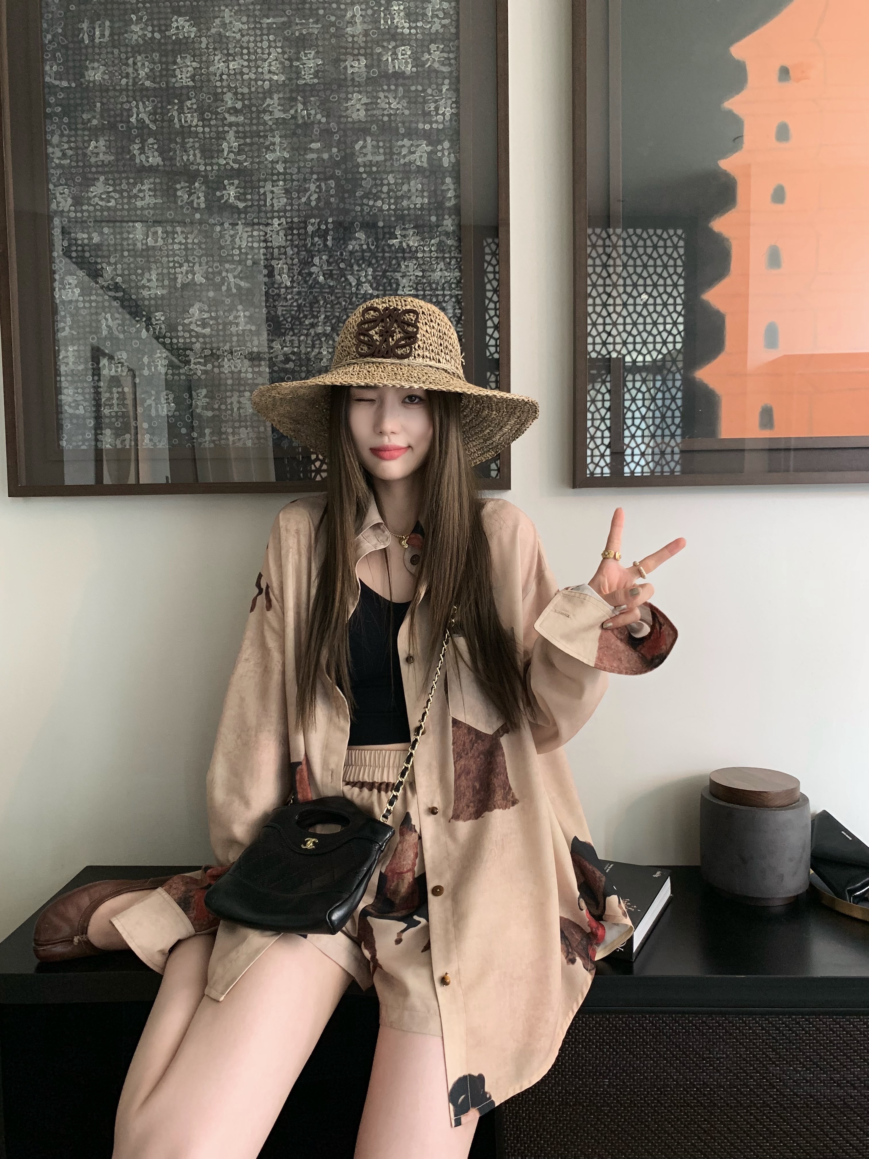 Vintage Oil Painting Print Long Sleeve Shirt and Straight Leg Shorts Set - Y2K Aesthetic Fashion Outfit