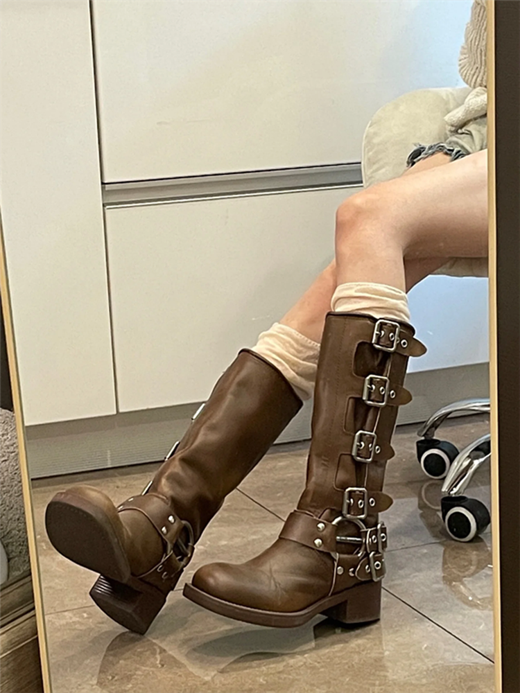 Vintage Over-the-Knee Genuine Leather Chunky Heel Martin Boots for Women - Western Cowboy Style Summer Footwear