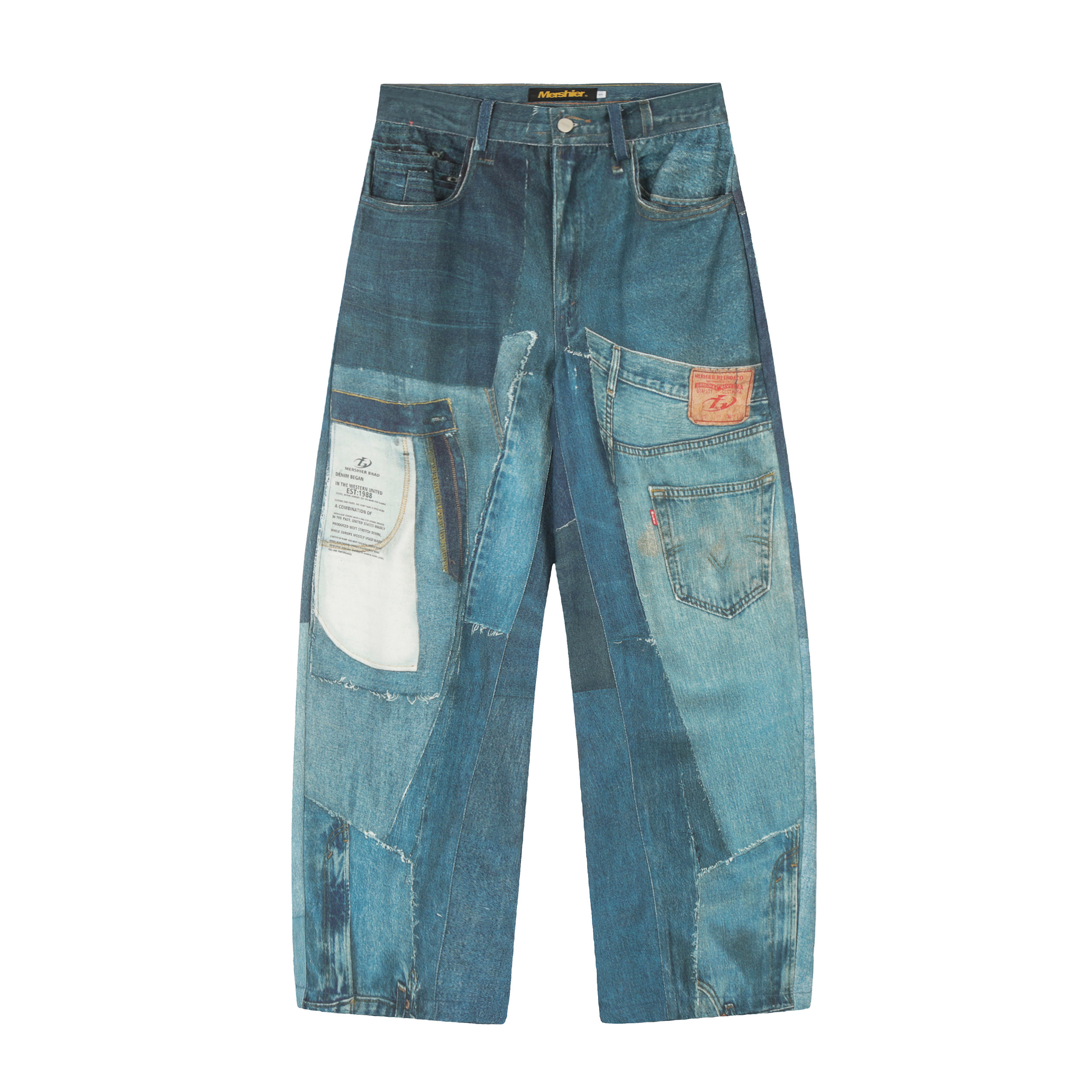 Vintage Patchwork Printed Denim Pants - Oversized Loose Wide-Leg Hip-Hop Style for High Street Fashion