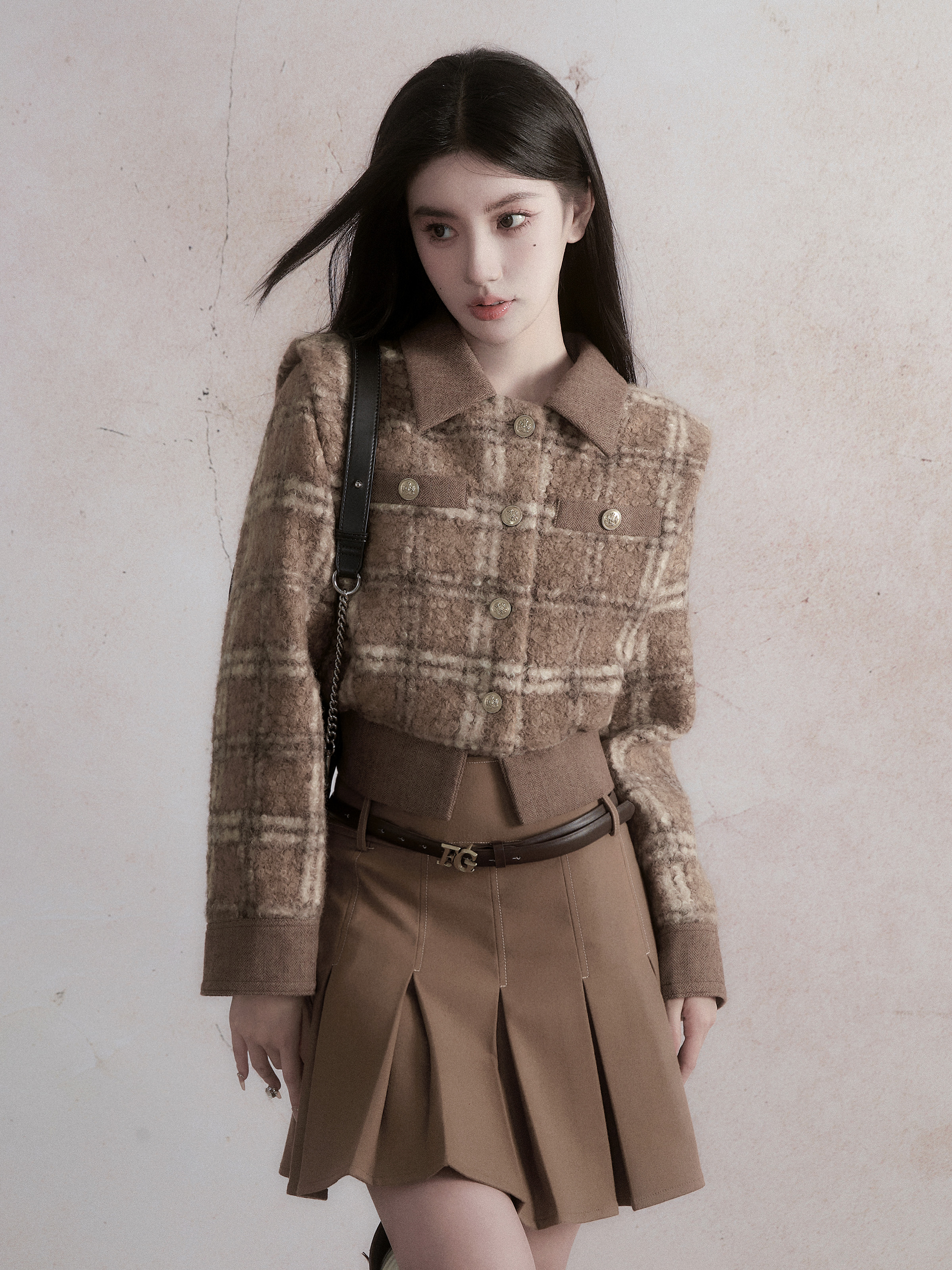 Vintage Plaid Brown Wool Short Coat - 90s Inspired Gossip Girl Style Outerwear
