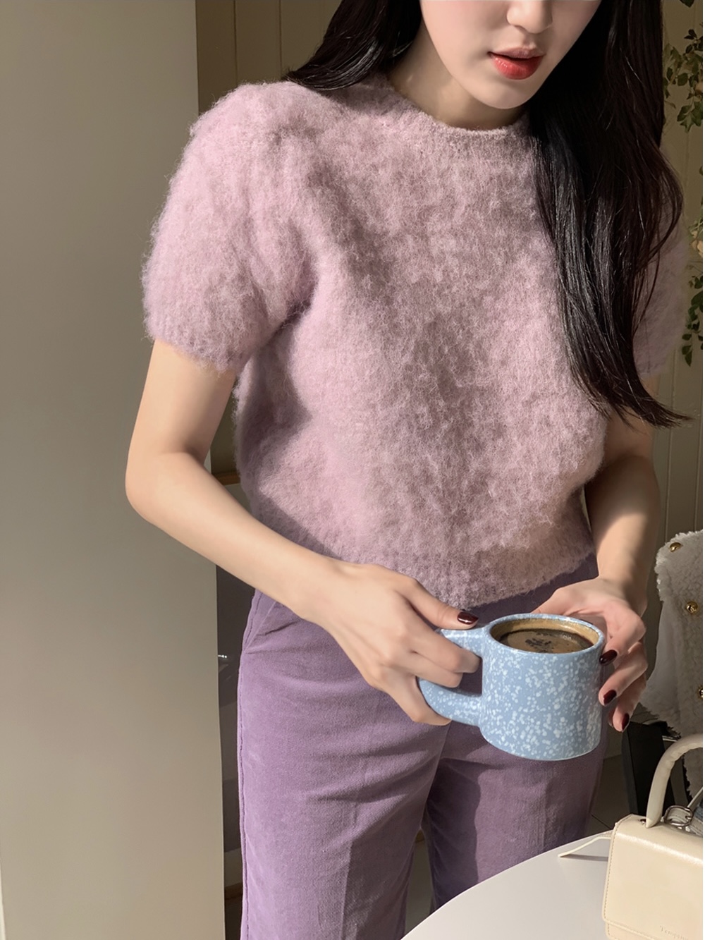 Vintage Purple Short-Sleeve Knitted Top in Wool - IAC Korean Style, Chic 90s Inspired Fashion