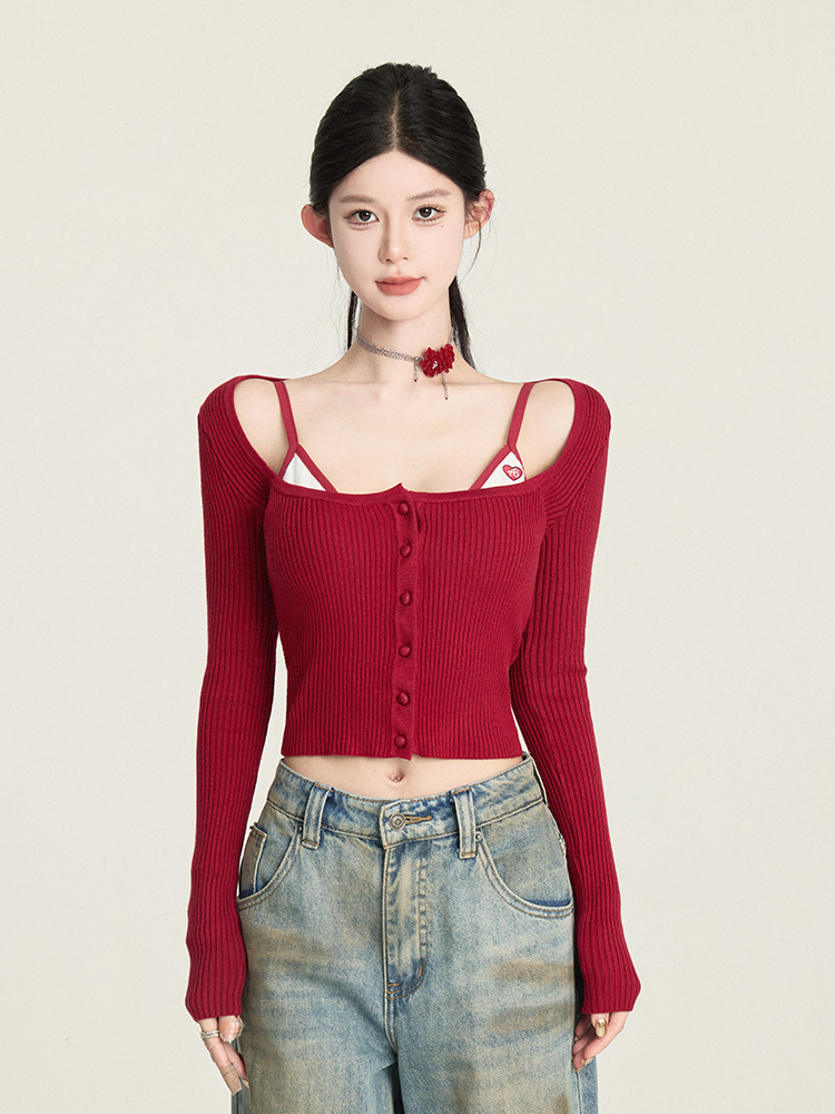 Vintage Slim Fit Knitted Cardigan with Flare Neck, Long Sleeve Layering Top for Hot Girl Style, Perfect for Y2K and 90s Fashion