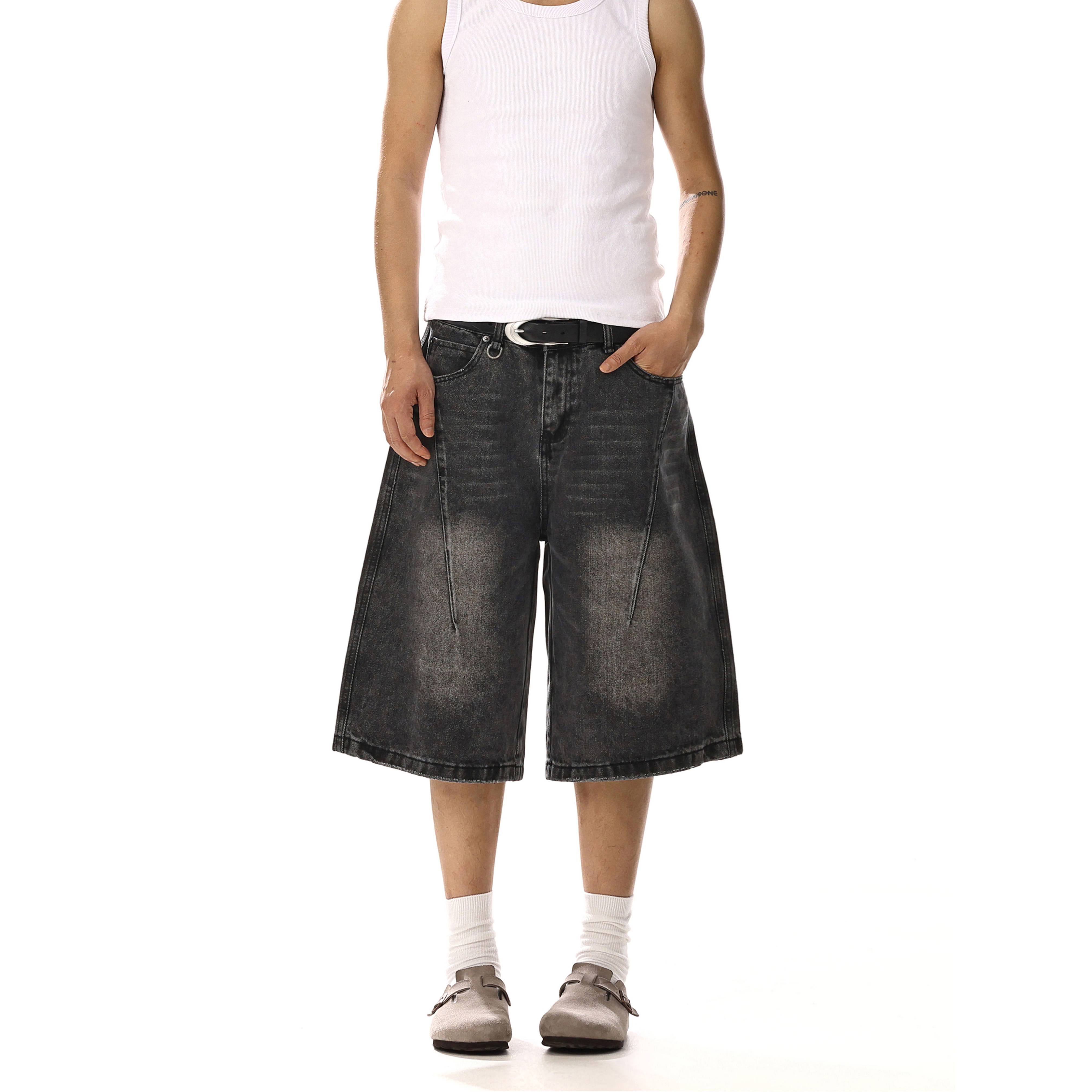 Vintage Washed Distressed Denim Shorts for Men and Women - Unisex Loose Wide-Leg Capri Pants for Casual Street Style