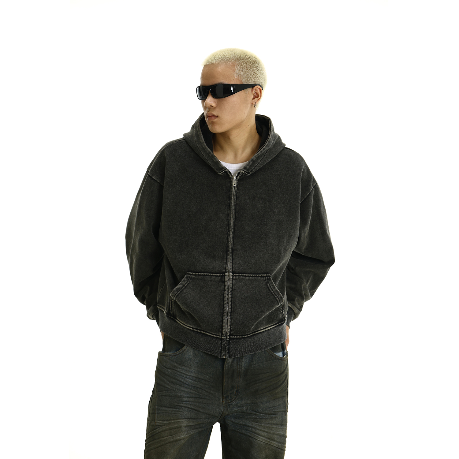 Vintage Washed Hooded Zip-Up Sweatshirt - Unisex Loose Casual Jacket for Spring & Autumn, Versatile Couples Hoodie