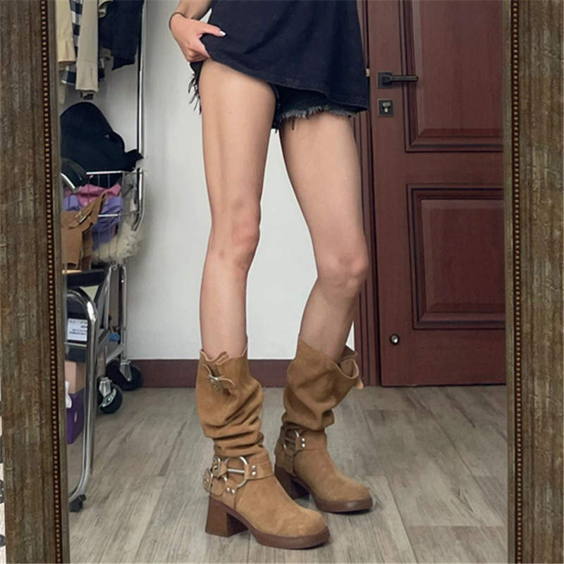 Vintage Yellow Western Cowboy Boots for Women, Chunky Heel Mid-Calf Design, 2023 Spring Autumn Style, British-Inspired Footwear