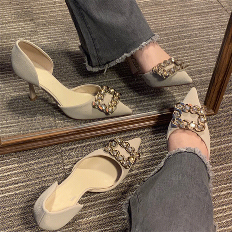 Water Drill High Heels for Women, Pointed Toe Thin Heel with Square Buckle, French Style, 2022 Autumn Trend