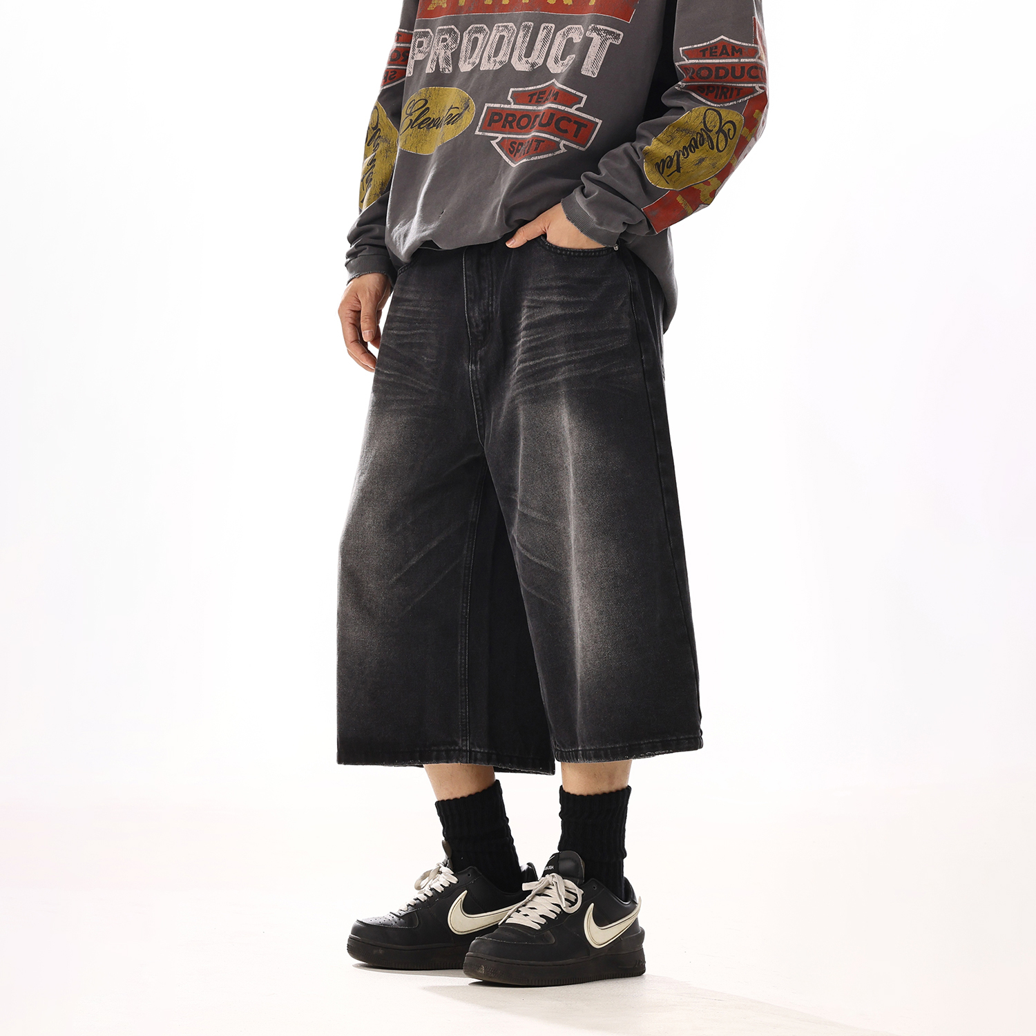 Water-Washed Retro Wide-Leg Denim Shorts - Summer Casual Draped Cropped Pants for a Vintage American Style