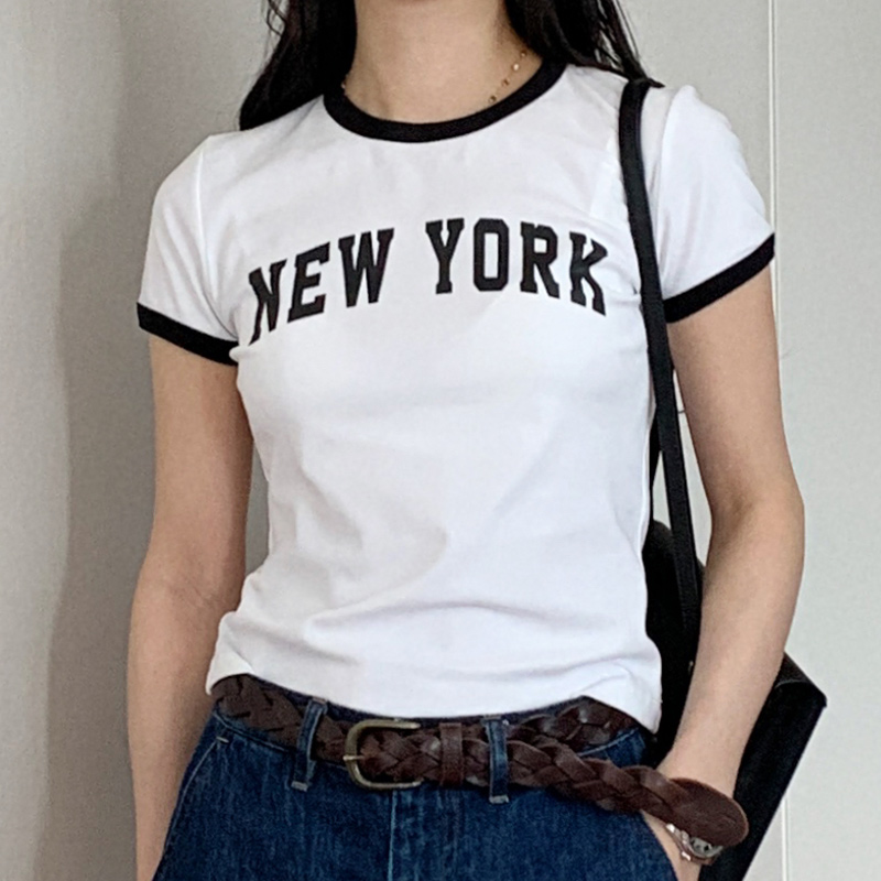 White Color-Block Short Sleeve T-Shirt for Women, Slim Fit Round Neck, Casual 90s Style Top