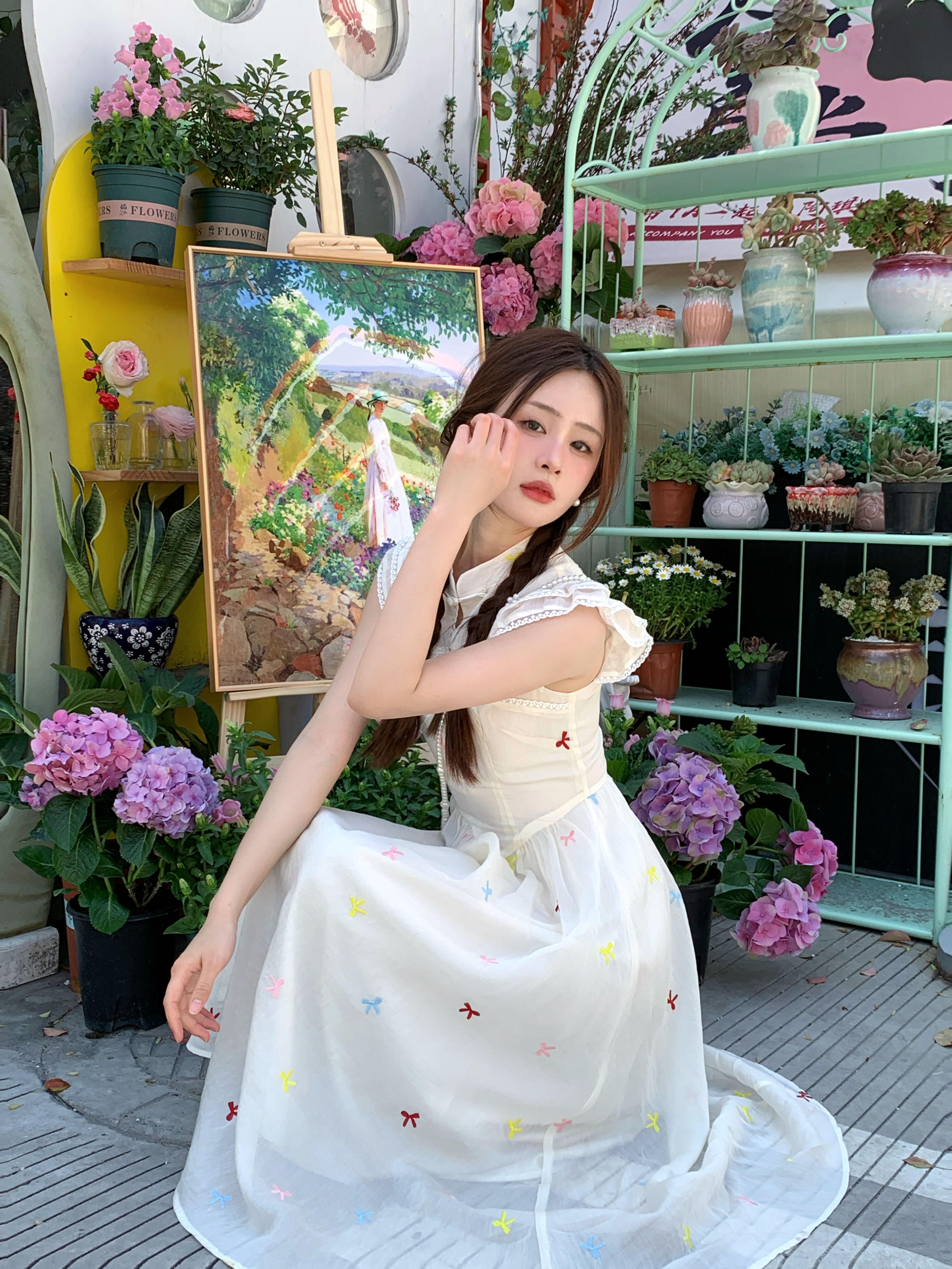 White Floral Butterfly Dress - Chinese Retro Style Long Skirt with Buttoned Sweet Waist - Vintage Inspired 90s Fashion