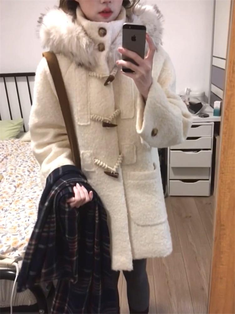 White Fluffy Collar Hooded Wool Coat for Women - Mid-Length, Thickened, Warm Winter Outerwear with Toggle Buttons