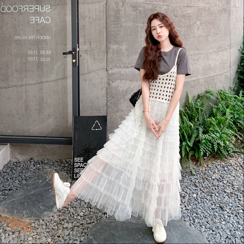 White French Lace Hollow-Out Spaghetti Strap Dress for Women - 2025 Summer Romantic Vacation Style, Long Skirt with Youthful Vibe