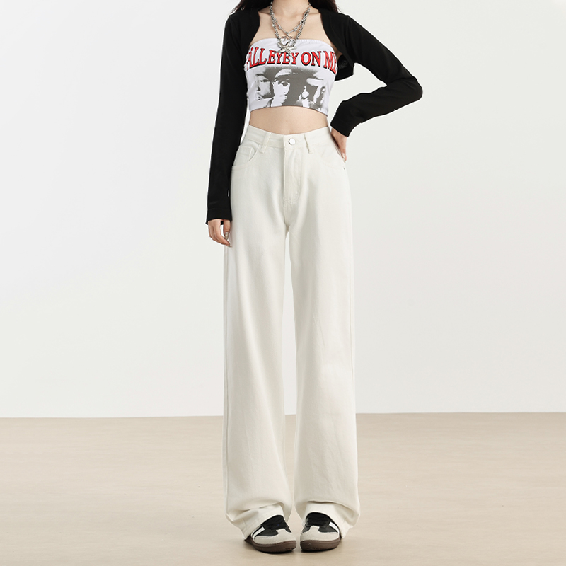 White High-Waisted Wide-Leg Fleece-Lined Jeans for Women - Loose-Fitting Draped Long Pants, 2024 Autumn Winter Style, Petite Fit