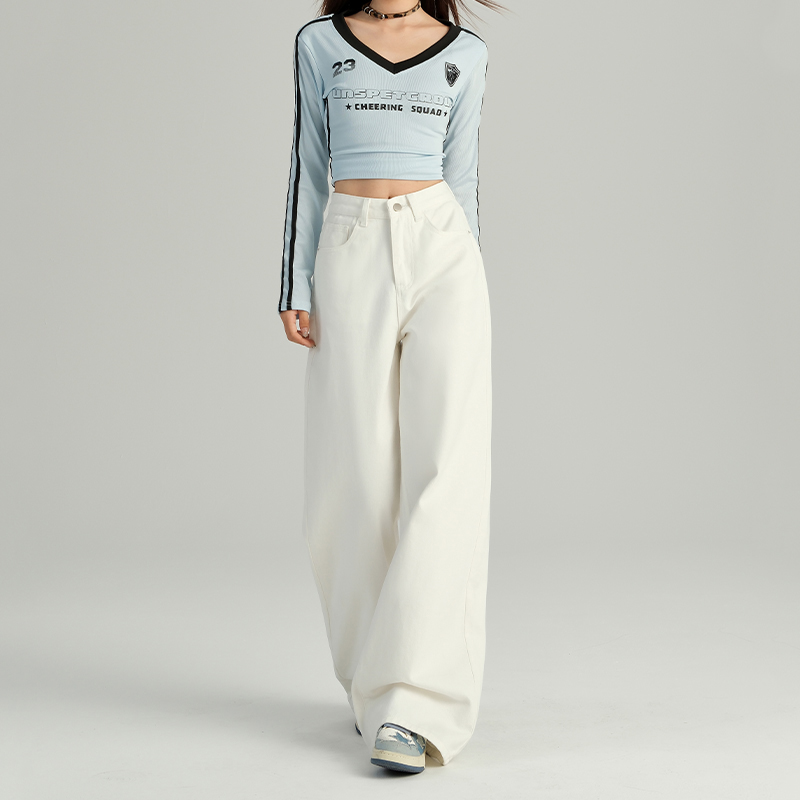 White High-Waisted Wide-Leg Jeans for Women - Loose Fit, Draped Design, Fleece-Lined, Petite Sizes, Trendy Autumn 2024 Style