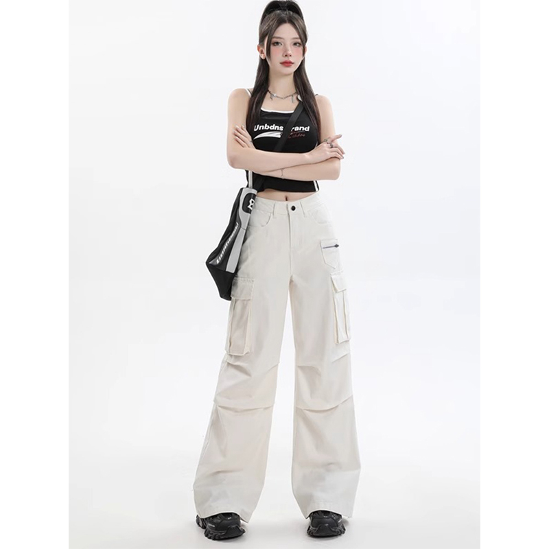 White Long Cargo Pants for Women - American Style, Summer Loose Fit, Slimming Straight-Leg Wide-Leg Design for Tall Individuals
