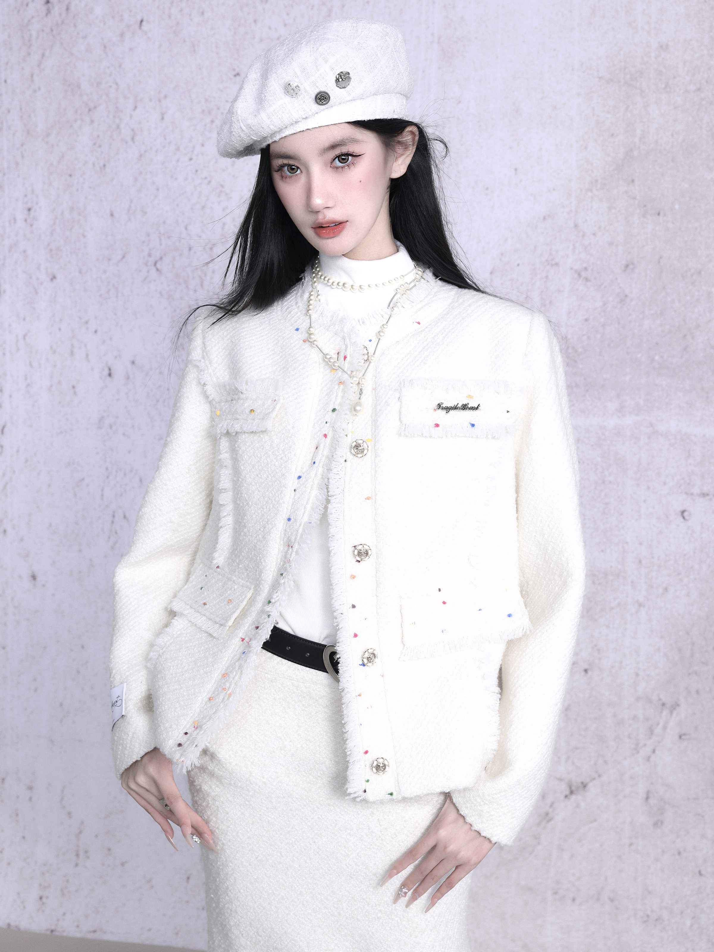 White Polka Dot Boucle Coat in Chanel Style - Elegant 90s Inspired Outerwear for Chic Fashion Lovers