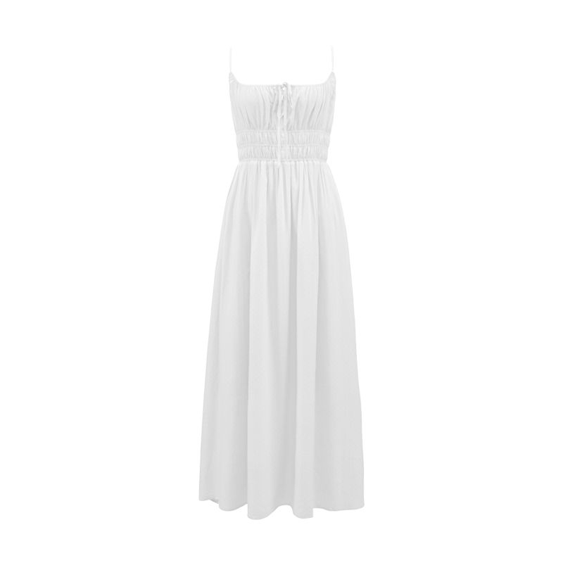 White Spaghetti Strap A-Line Dress with Long Skirt – Sexy Vacation Style, Trendy French Design, Perfect for Summer Events