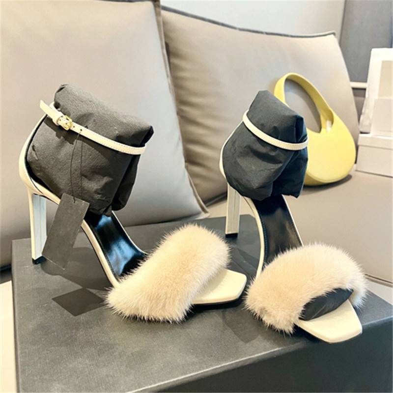 White Square-Toed High-Heeled Sandals for Women with Mink Fur Strap - Elegant Chic 2023 Style, Perfect for Y2K and Fashion-Forward Looks