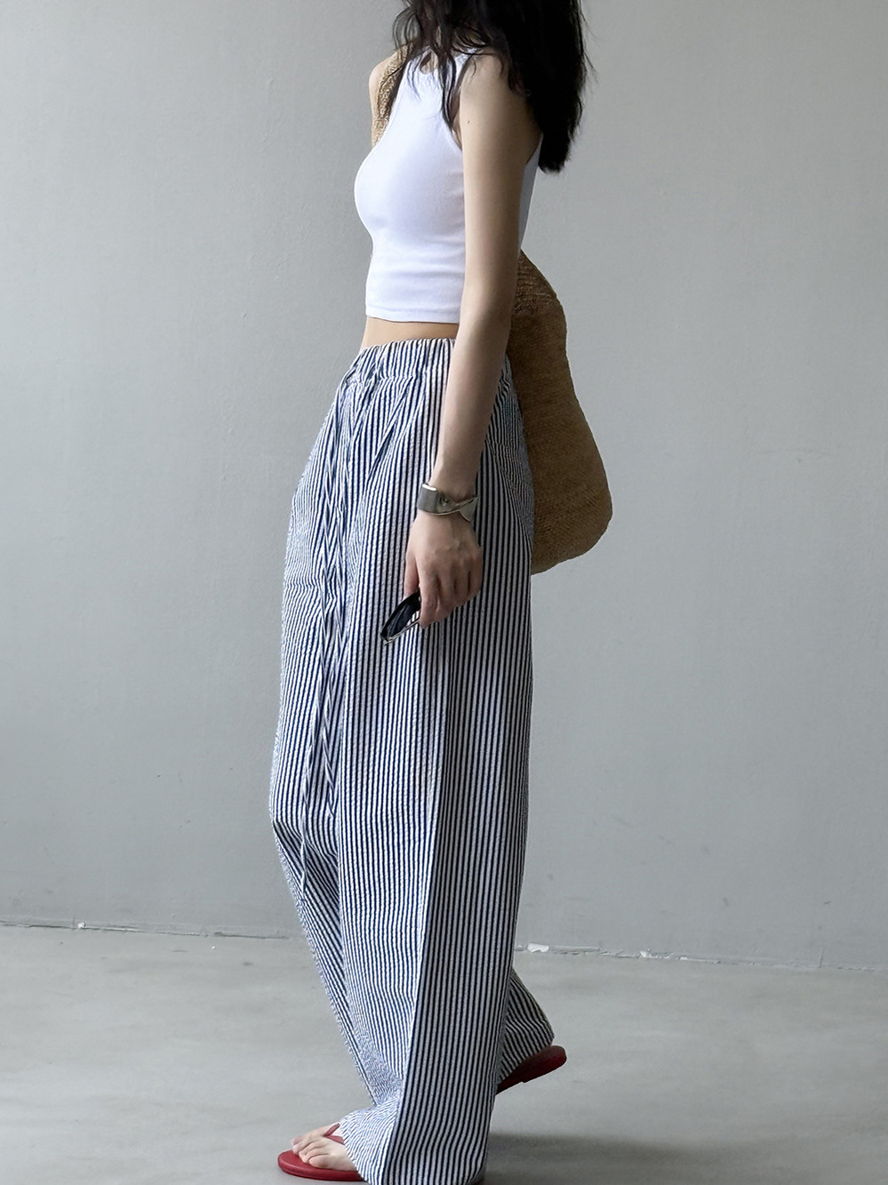 Wide-Leg Striped Casual Pants for Women - High-End Draped Fit Summer 2025, Relaxed Old-Money Style