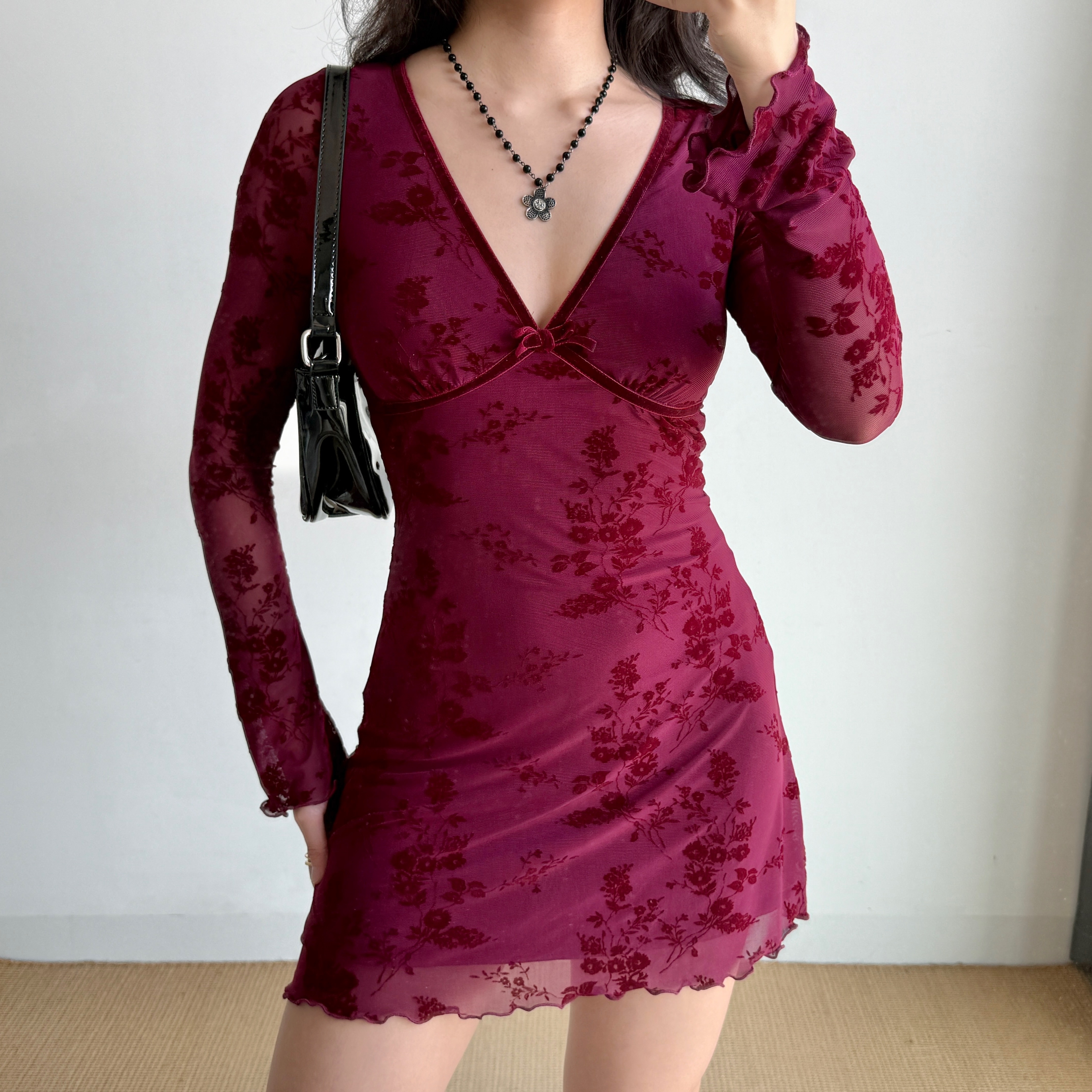 Wine Red Velvet Ribbon Mesh Dress for Women - Deep V-Neck, Slim Fit, Short Skirt - European American Style, Y2K Fashion